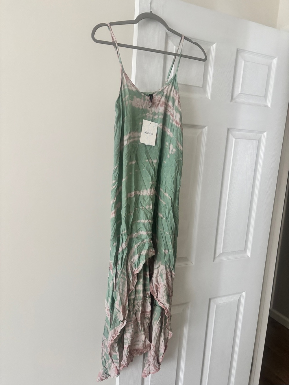 Raviya Green & Pink Tie-Dye Spaghetti Strap Women's Dress High-Low